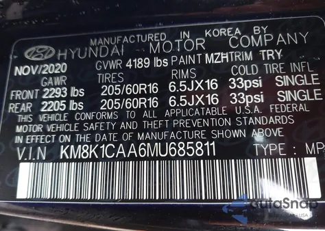 2021 Hyundai Kona Se from USA, damaged, VIN KM8K1CAA6MU685811